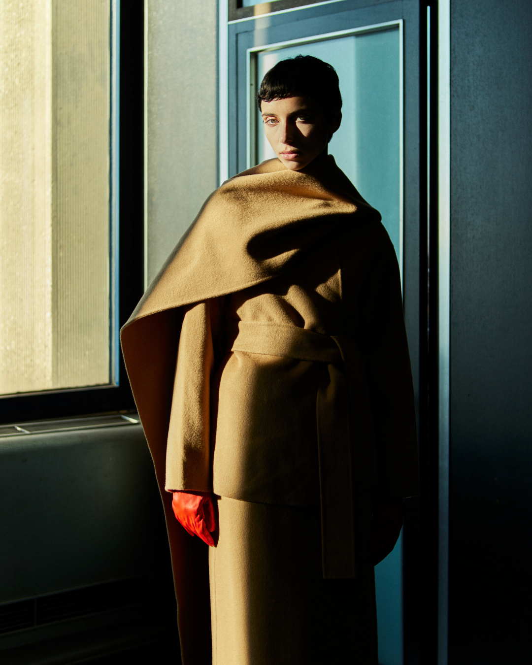 Rhúne AW25 Chocolate Coat Short in camel styled with Ulla Scarf in matching double face wool