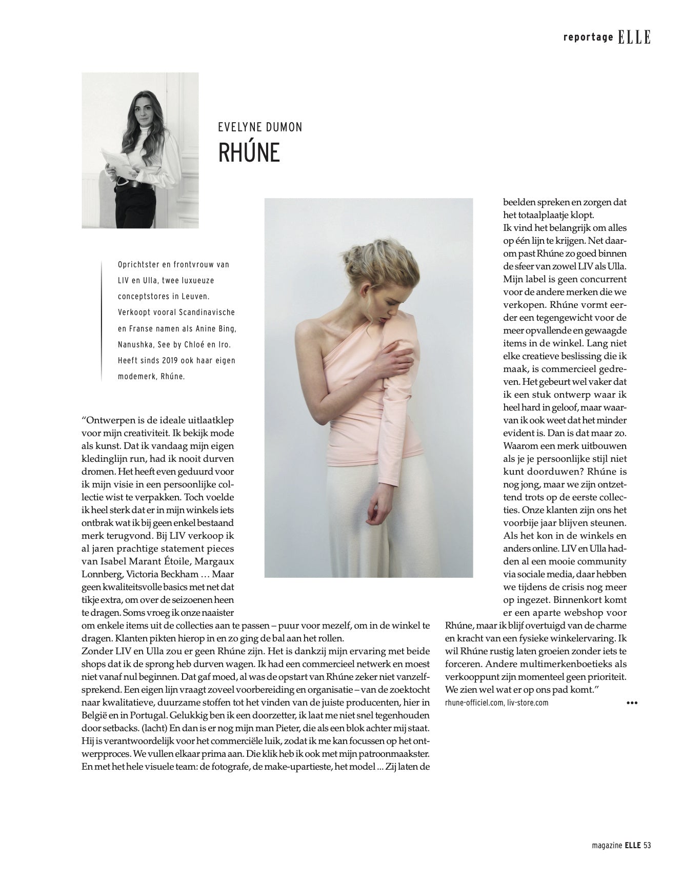 Elle Magazine feature on Evelyne Dumon, founder of Rhúne — exploring her creative journey and the philosophy of timeless elegance.