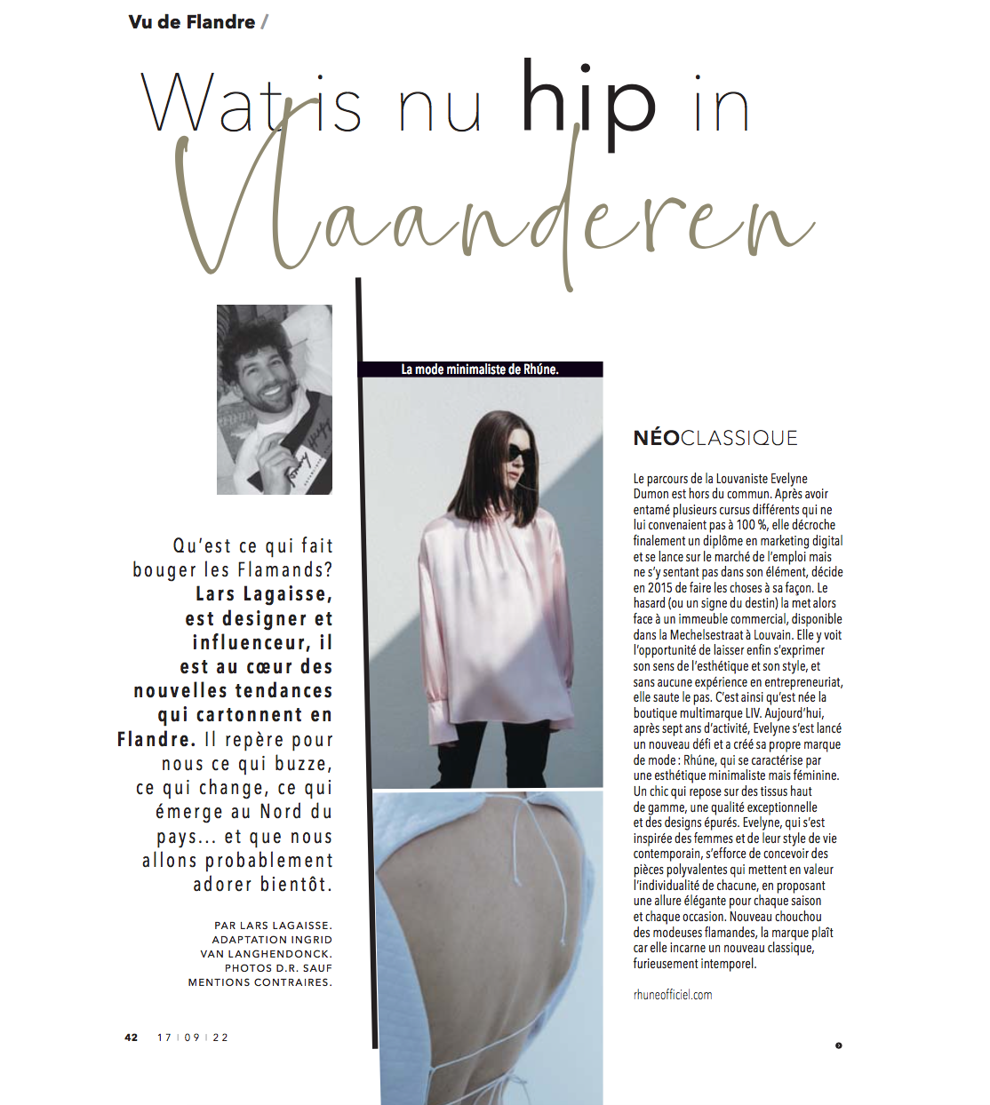 Rhúne featured in So Soir, 'Wat is nu hip in Vlaanderen' — celebrating minimalist Belgian design and timeless elegance.