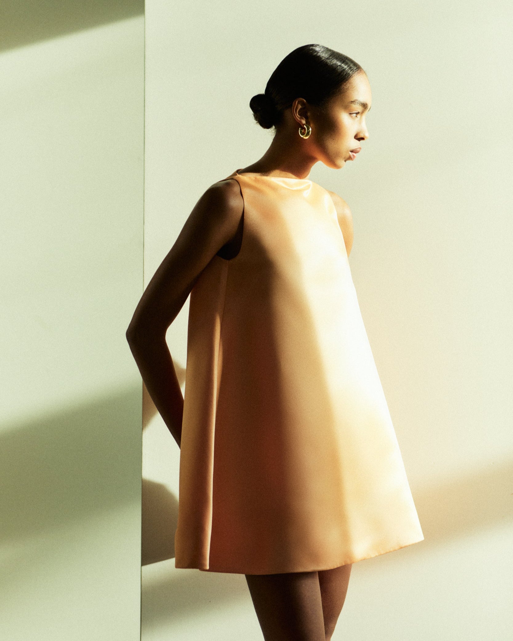 Rhúne SS25 Barbara Dress — coral duchesse satin mini dress with sculptural silhouette