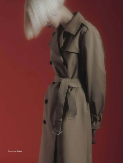 Rhúne trench coat featured in Knack Weekend Fashion Edition, March 2023 — refined minimalism and timeless tailoring